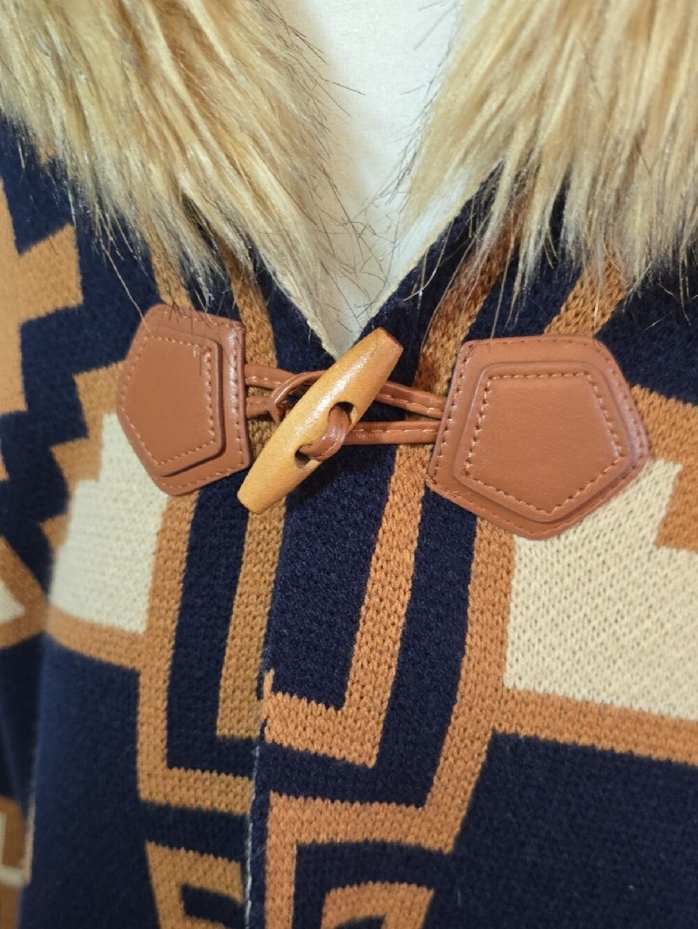 Aztec-Pattern Faux Fur Collar Knit Capeigan Coat in Blue & Tan